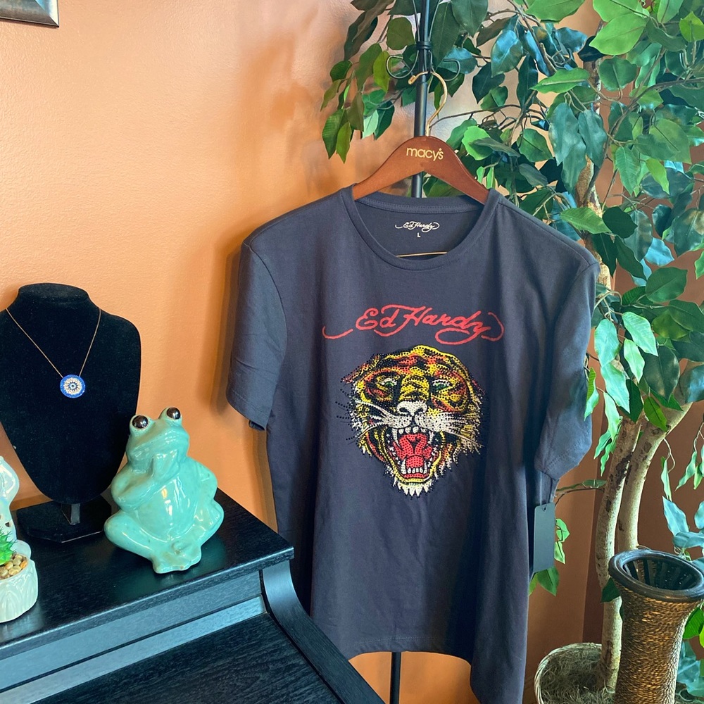 Ed Hardy |Ed Hardy Classic Tiger Rhinestone Embroidered Round Neck Tee, Sz L,NWT